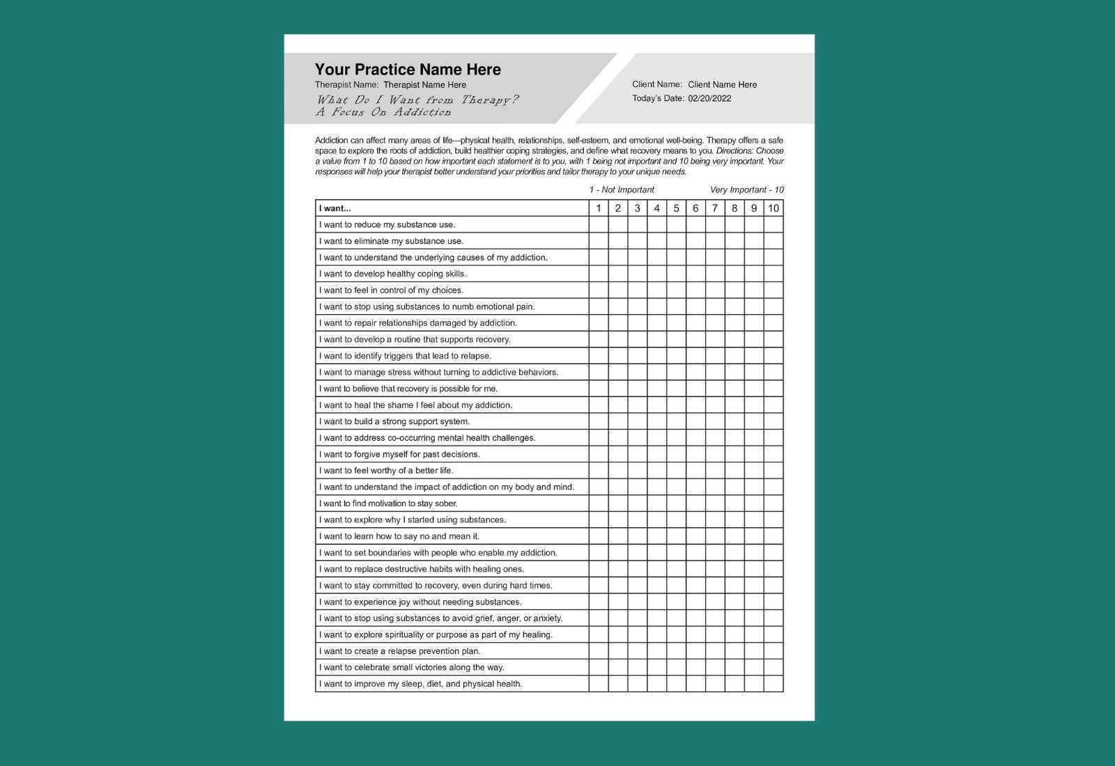 Identifying Client Needs: Addiction-Focused Worksheet PDF | TherapyByPro